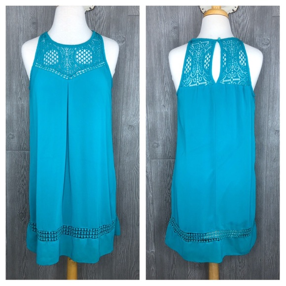 By & By Teal Shift Halter Lace Dress Size Large - Picture 2 of 6